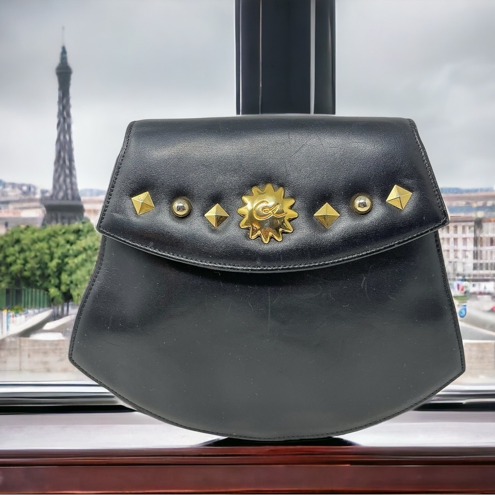 Vintage Christian Lacroix Paris Black Leather and Gold Studded Sun Bag